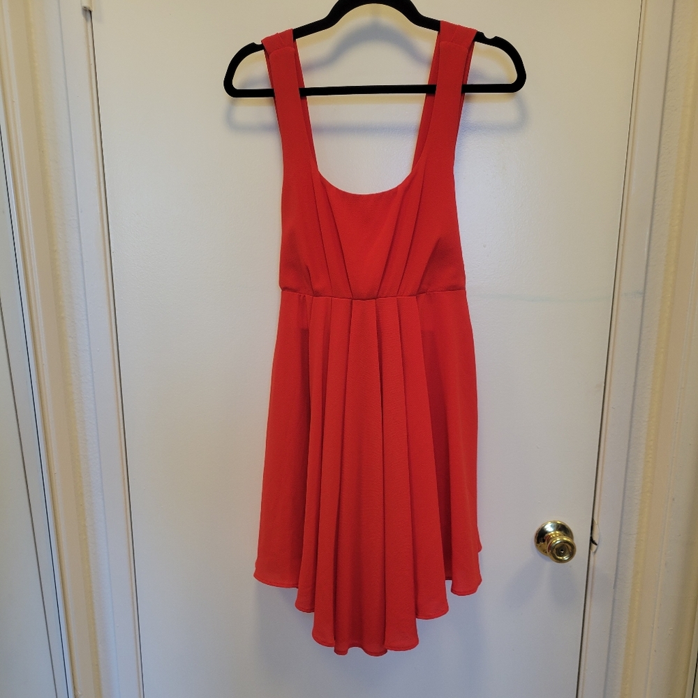 Red Pleated Asymmetrical Tie Back Dress